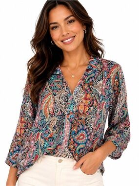 ZHENWEI Women’s Paisley Print Blouse Top 3/4 Sleeve Boho Stretch Size 2XL NWT